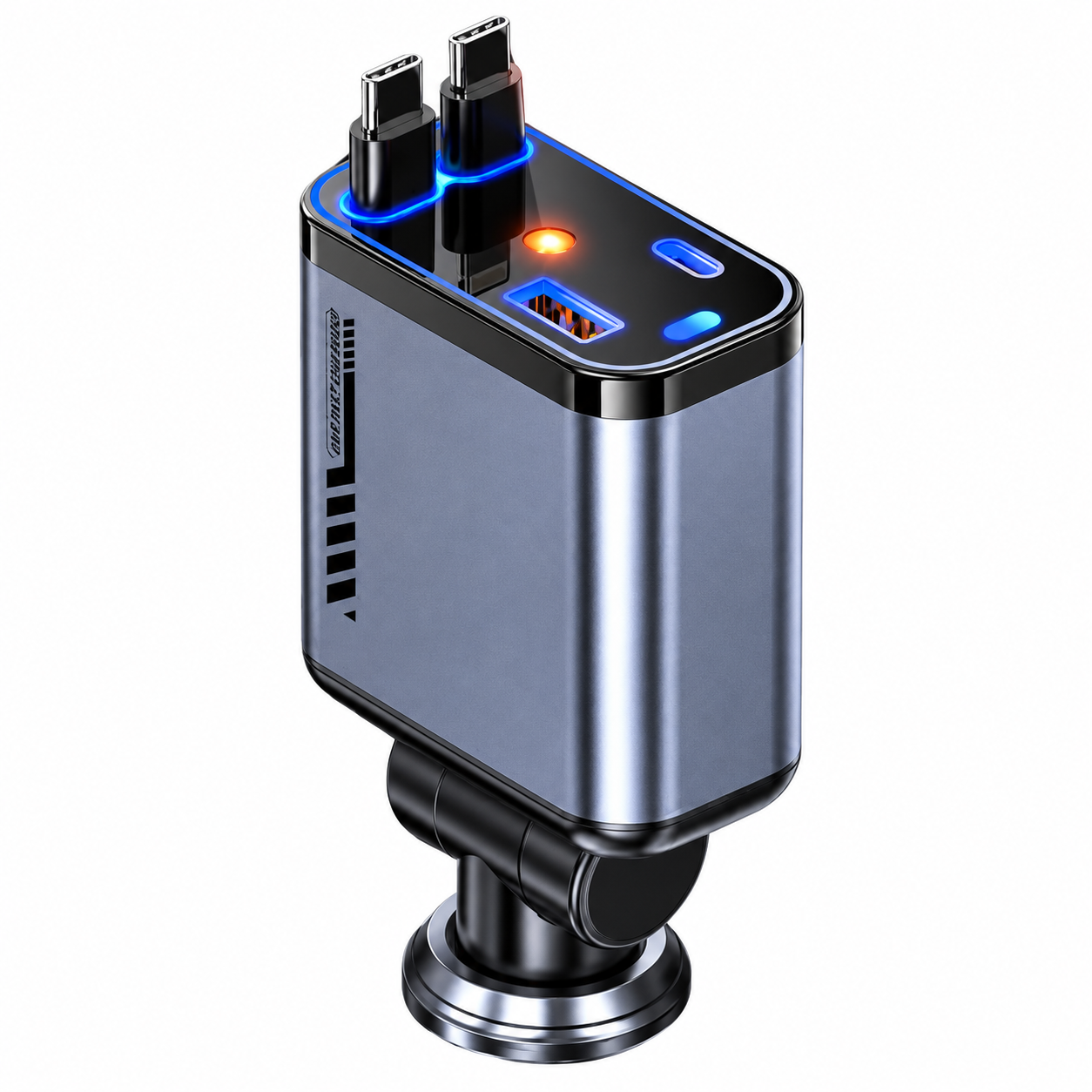 Gunmetal Car Charger with Blue LED USB Ports.png