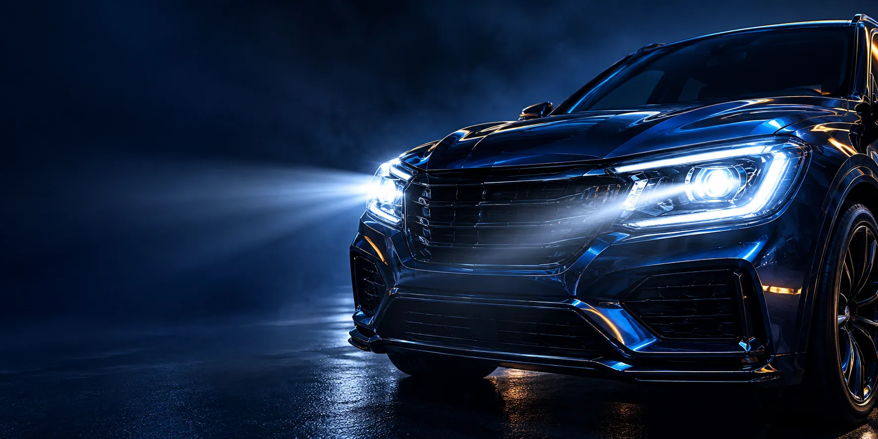 Midnight blue car with LED headlights switched on at night