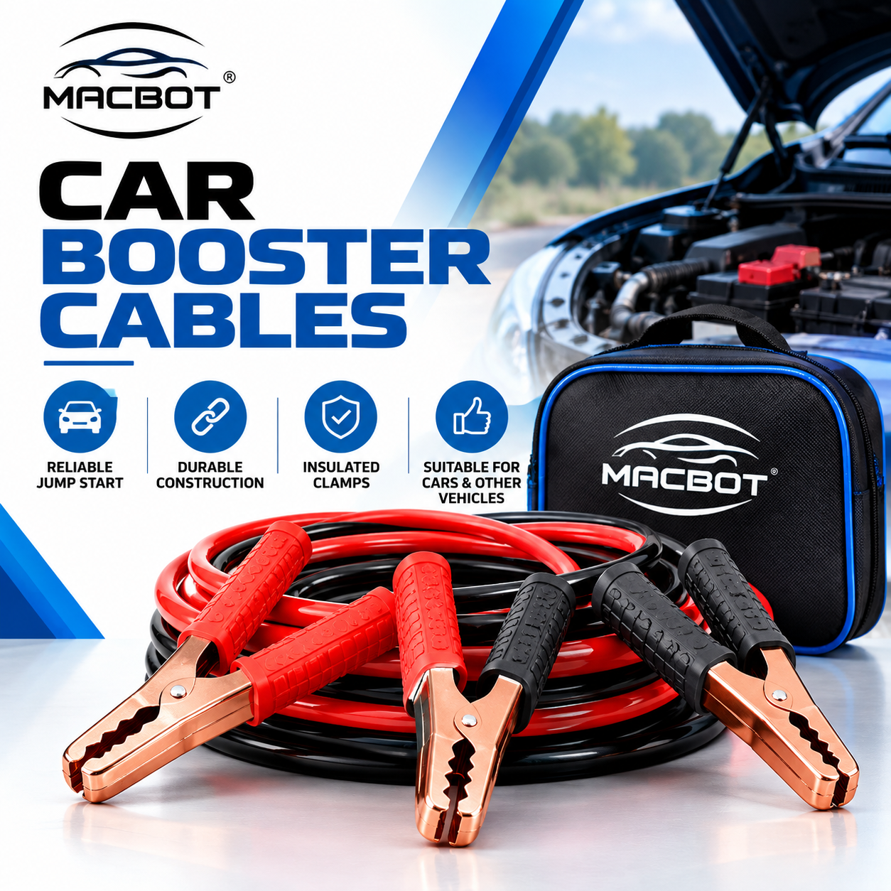 Macbot car booster cables for vehicle battery jump starting